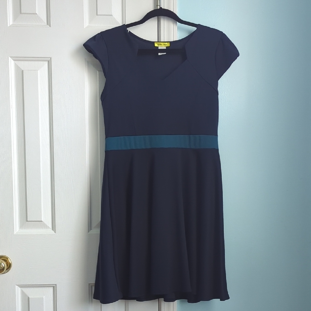 Cap-Sleeve Navy Midi Dress with Teal Waistband